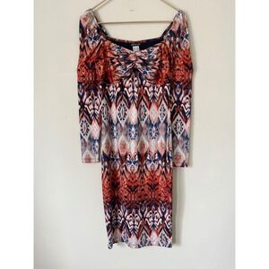 Venus Women Rust Blue Ikat Boho Twist Front Sweetheart Long Sleeve midi Dress S